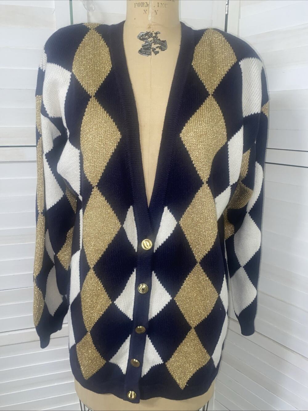 Vintage Casual Corner Women’s Argyle Knit Cardigan Sweater Ramie Blend Sz Large